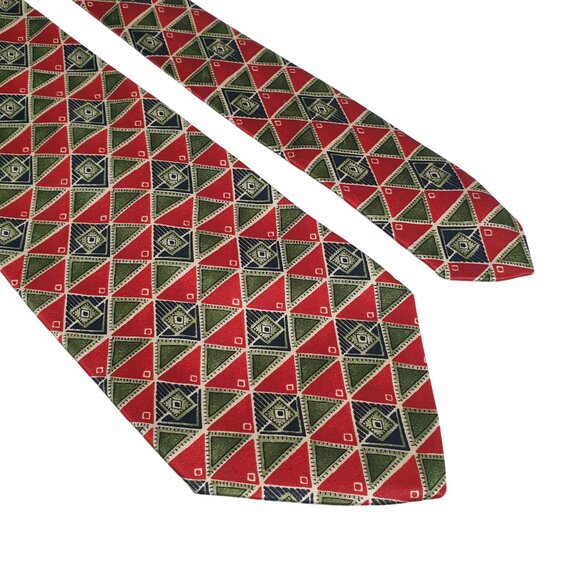 Vintage AKM All Silk Long Tie Italian Designer Office Dad Gift Red Green - Picture 2 of 5